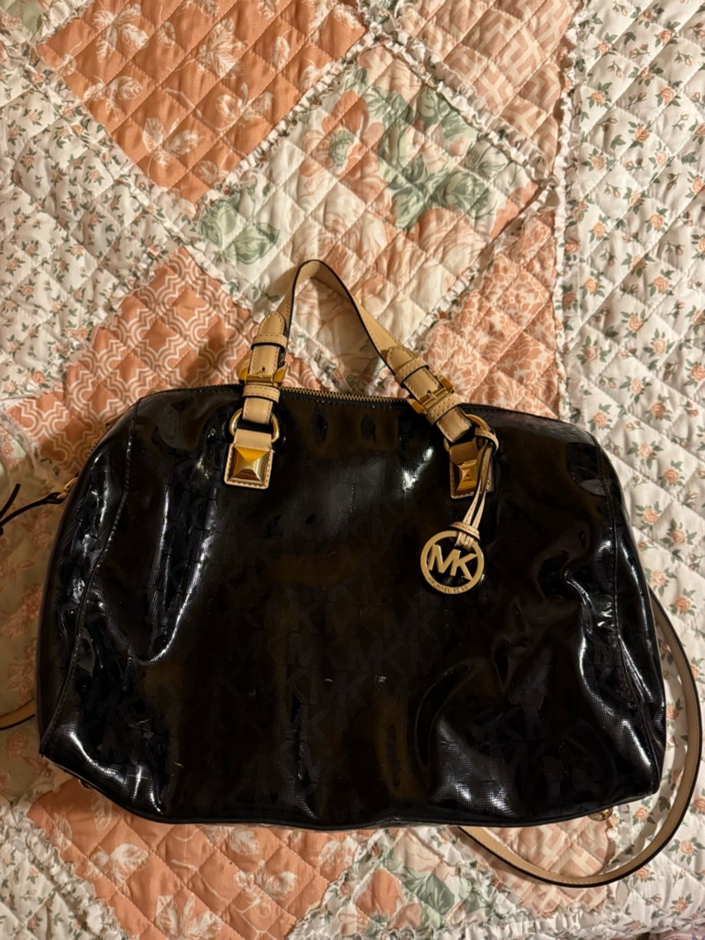 Michael Kors Black Patent Satchel with Beige Straps and Gold MK Charm